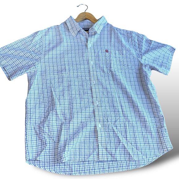 90s Tony Hawk Skater Grunge Shirt Mens XL Baby Blue White Plaid Short Sleeve - Picture 1 of 15